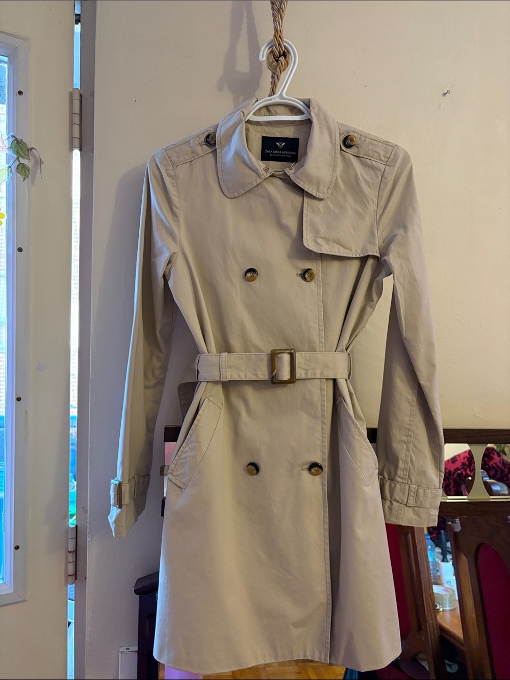 Zara Beige Double-Breasted Trench Coat with Belt. Cotton